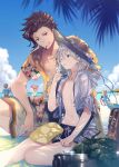  2boys bangs barefoot beach blue_eyes braid brown_eyes brown_hair cloud facial_hair fan goroo granblue_fantasy hair_between_eyes hat long_hair male_focus male_swimwear multiple_boys noa_(granblue_fantasy) ocean open_mouth outdoors pale_skin rackam_(granblue_fantasy) sand short_hair silver_hair single_braid smile sun_hat swim_briefs swimsuit swimwear water 