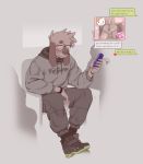  &gt;:3 &lt;3 2020 5_fingers anthro anus blush butt canid canine canis clothed clothing domestic_cat domestic_dog english_text eyewear felid feline felis fingers fully_clothed glasses hi_res holding_object holding_phone looking_aside male mammal nextel perineum phone public reed_(bearra) text texting 