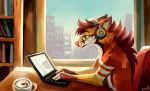  ambiguous_gender beverage book canid canine cervid city coffee computer deggy eyewear geckozen glasses headphones hybrid laptop mammal maned_wolf sitting solo window 