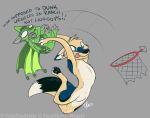  basketball basketball_hoop canid canine canis curled dragon drasparagon dunking felisrandomis flora_fauna grey_background jackal male mammal person_as_ball plant screaming simple_background text tongue tongue_out 
