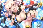  1girl :d absurdres arched_back ass bangs barefoot bikini black_bikini black_gloves black_legwear black_scarf blonde_hair blush bow breasts cleavage covered_nipples eyebrows_visible_through_hair fate/grand_order fate_(series) gloves hair_between_eyes hair_bow highres large_breasts looking_at_viewer multi-strapped_bikini navel nez-kun okita_souji_(fate)_(all) okita_souji_(swimsuit_assassin)_(fate) open_mouth scarf short_hair signature single_glove smile solo stirrup_legwear stomach swimsuit thighhighs toeless_legwear v water_drop yellow_eyes 