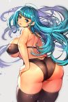  1girl ahoge aqua_eyes aqua_hair ass back bangs bikini black_legwear breasts commentary_request covered_nipples cowboy_shot curvy floating_hair from_behind gurimjang hand_on_hip highres huge_ahoge huge_breasts lavender_hair legs_together lips looking_back multicolored_hair original red_bikini skindentation solo strapless strapless_bikini swimsuit thick_thighs thighhighs thighs two-tone_hair underboob 