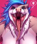  2019 anthro blue_hair bodily_fluids breasts didelphid digital_media_(artwork) drooling fangs female fur gaping_mouth hair hi_res looking_at_viewer mammal marsupial mouth_shot obese open_mouth overweight overweight_female phalangeriform saliva smile soft_vore teeth tenynn throat tongue tongue_out vore white_body white_fur willow_(toxictoby) 