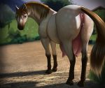  2020 animal_genitalia animal_pussy anus bodily_fluids butt clitoris detailed_background digital_drawing_(artwork) digital_media_(artwork) equid equine equine_pussy eris_(marefurryfan) eyelashes female feral genital_fluids hi_res horse looking_at_viewer mammal mercurial64 outside pussy pussy_juice saddle shadow signature solo teats 