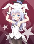  angora_rabbit animal_ears animal_on_head armpits arms_up bare_shoulders blue_eyes blue_hair blush bow bowtie breasts closed_eyes detached_collar facial_hair fake_animal_ears gochuumon_wa_usagi_desu_ka? hidefuku highleg highleg_leotard highres kafuu_chino leotard light_blue_hair long_hair looking_at_viewer mustache on_head open_mouth pantyhose playboy_bunny rabbit rabbit_ears rabbit_on_head sidelocks small_breasts strapless strapless_leotard tippy_(gochiusa) wrist_cuffs 