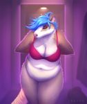  2020 anthro belly big_belly big_breasts blue_hair breasts clothing curvy_figure didelphid digital_media_(artwork) female fur hair mammal marsupial navel nude obese overweight overweight_female slightly_chubby solo tenynn thick_thighs underwear undressing voluptuous white_body white_fur wide_hips willow_(toxictoby) 