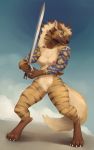  abstract_background blush bodypaint claws female gnoll hyaenid looking_at_viewer mammal mane melee_weapon merrunz nipples nude pussy solo standing striped_hyena sword weapon yellow_eyes 