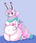  alyrise anthro anthrofied belly big_belly blush bodily_fluids breasts chest_tuft dipstick_ears eevee eyeshadow female fluffy fur green_body green_eyes green_fur hair holding_belly iridescent_fur kneeling lactating makeup mammal milk multicolored_body multicolored_ears multicolored_fur nintendo nipples nude pawpads pok&eacute;mon pok&eacute;mon_(species) pok&eacute;morph pregnant purple_body purple_fur purple_hair ribbons simple_background solo thick_thighs tuft video_games white_body white_fur wide_hips 