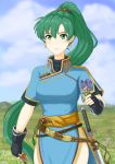  1girl blue_dress cloud dress earrings fingerless_gloves fire_emblem fire_emblem:_the_blazing_blade flower gloves grass green_eyes green_hair hill holding holding_flower jewelry katana long_hair looking_at_viewer lyn_(fire_emblem) miven ponytail rope_belt sash smile sword very_long_hair weapon 