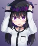  1girl bandages bangs black_choker black_flower black_nails blurry blush choker commentary_request eyebrows_visible_through_hair fang flower hands_on_headwear head_wreath highres long_hair long_sleeves looking_at_viewer nail_polish open_mouth original partial_commentary petals purple_eyes purple_flower shirt shuuichi_(gothics) skin_fang smile solo upper_body white_shirt 