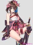  &gt;:) 1girl arm_guards armor artist_name bandages bangs bare_shoulders black_sash breasts brown_hair cleavage dragalia_lost eyebrows_visible_through_hair feet_out_of_frame flower gebyy-terar greaves grey_background hair_between_eyes hair_flower hair_ornament holding holding_sword holding_weapon invisible_chair japanese_clothes katana kimono large_breasts long_sleeves looking_at_viewer obi pelvic_curtain pink_flower pink_kimono ponytail purple_eyes reverse_grip sarashi sash scabbard sheath sheathed short_hair shoulder_armor sidelocks sitting skindentation smile solo sword thigh_strap thighs twitter_username v-shaped_eyebrows weapon wide_sleeves yachiyo_(dragalia_lost) 
