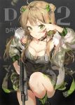  1girl absurdres anmi arm_up bangs blush bow breasts brown_hair bullpup cleavage closed_mouth counting dog_tags double_bun dress eyebrows_visible_through_hair fur_trim girls_frontline green_bow green_eyes green_legwear gun hair_bow headset highres holding holding_gun holding_weapon jacket kel-tec kel-tec_rfb long_hair looking_at_viewer medium_breasts open_clothes open_jacket rfb_(girls_frontline) rifle scan short_dress smile solo striped striped_legwear v weapon 
