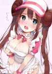  1girl apron aqua_eyes bangs blush breasts brown_hair character_request cleavage commentary_request dress hair_between_eyes large_breasts looking_at_viewer maid maid_apron maid_dress mei_(pokemon) open_mouth pink_dress poke_ball pokemon ribbon rouka_(akatyann) short_sleeves solo tearing_up twintails 