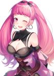  1girl arms_behind_back bangs bare_shoulders blunt_bangs blush breasts cleavage cleavage_cutout dress earrings fire_emblem fire_emblem:_three_houses hair_ornament heart heart_hair_ornament highres hilda_valentine_goneril hoop_earrings jewelry large_breasts long_hair looking_at_viewer pink_dress pink_eyes pink_hair ringozaka_mariko simple_background solo twintails upper_body very_long_hair white_background 