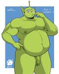  2019 3_eyes alien alternate_version_at_source antennae_(anatomy) anthro anthrofied blush clothed clothing disney english_text green_body green_nipples green_skin hi_res little_green_men_(toy_story) looking_down male moobs multi_eye muscular nipples overweight penis pixar smile solo text the_purple_wolf_guy topless toy_story 