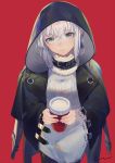  1girl aqua_eyes blue_eyes cloak coffee_cup collar cup disposable_cup eyebrows_visible_through_hair fate_(series) gray_(lord_el-melloi_ii) grey_hair highres hood hood_up jacket jacket_on_shoulders leather leather_jacket looking_up lord_el-melloi_ii_case_files red_background simple_background solo sweater yuni_(via_junk) 
