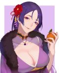  1girl bangs blush border breasts choker cleavage closed_mouth collarbone fate/grand_order fate_(series) flower food fruit fur_trim hair_flower hair_ornament highres japanese_clothes jesse_(pixiv34586727) jewelry kimono large_breasts long_hair looking_at_viewer mandarin_orange minamoto_no_raikou_(fate/grand_order) parted_bangs pendant purple_background purple_eyes purple_hair purple_kimono sash smile solo white_border 