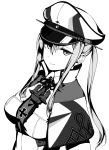 1girl anchor bangs breasts capelet celtic_knot graf_zeppelin_(kantai_collection) greyscale hair_between_eyes hat highres iron_cross kantai_collection lips long_hair military military_hat military_uniform monochrome peaked_cap rokuwata_tomoe simple_background smile solo twintails uniform upper_body 