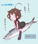  1girl ahoge artist_name blush braid brown_hair chibi fish hair_flaps hair_ornament ishida_mia kantai_collection saury shigure_(kantai_collection) single_braid solo twitter_username 