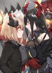  2girls azur_lane bangs bare_shoulders black_dress black_hair black_jacket blurry breast_contest breast_press breasts buttons closed_mouth collared_shirt commentary_request crossed_arms dress eye_contact eyebrows_visible_through_hair friedrich_der_grosse_(azur_lane) from_side gloves grey_background grey_shirt grin hair_between_eyes headgear hidebuu highres iron_cross jacket large_breasts light_brown_hair long_hair looking_at_another machinery mechanical_horns military military_uniform multicolored_hair multiple_girls parted_lips profile red_gloves red_hair red_horns roon_(azur_lane) shaded_face shiny shiny_hair shirt short_hair sidelocks sleeveless sleeveless_dress smile streaked_hair symmetrical_docking turtleneck_dress uniform upper_body very_long_hair white_background yellow_eyes 