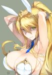  1girl ahoge armpits arms_behind_head arms_up artoria_pendragon_(all) artoria_pendragon_(swimsuit_ruler)_(fate) bangs bare_shoulders blonde_hair blue_neckwear braid breasts cleavage closed_mouth detached_collar fate/grand_order fate_(series) french_braid green_eyes grey_background hair_between_eyes heart heart-shaped_pupils large_breasts leotard long_hair looking_at_viewer necktie ponytail simple_background smile solo symbol-shaped_pupils tiara tooya_daisuke white_leotard wrist_cuffs 