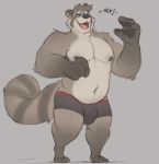  2020 anthro belly bulge clothing male mammal minedoo moobs navel nipples procyonid raccoon simple_background solo text underwear 