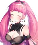  1girl :d ^_^ arms_behind_back bare_shoulders blush breasts cleavage cleavage_cutout closed_eyes dress earrings facing_viewer fire_emblem fire_emblem:_three_houses grin hair_ornament heart heart_hair_ornament highres hilda_valentine_goneril hoop_earrings jewelry large_breasts long_hair open_mouth pink_dress pink_hair ringozaka_mariko simple_background smile solo teeth twintails upper_body very_long_hair white_background 
