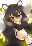  1girl 7liquid animal_ears blurry blurry_background blush breasts breath brown_eyes brown_hair collared_shirt day eyebrows_visible_through_hair flashing fur_scarf grey_hair hair_between_eyes half-closed_eyes head_tilt highres kemono_friends long_hair long_sleeves looking_at_viewer medium_breasts moose_(kemono_friends) moose_ears multicolored_hair naughty_face nipples no_bra one_breast_out open_mouth outdoors outstretched_arm scarf shirt smile solo sweater upper_body 
