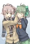  2girls black_cardigan black_skirt blush bow buttons closed_eyes eyebrows_visible_through_hair fringe_trim green_bow green_hair green_skirt hair_bow highres kantai_collection long_hair long_sleeves multiple_girls negahami open_mouth pink_hair plaid plaid_scarf pleated_skirt ponytail scarf skirt yellow_cardigan yellow_eyes yura_(kantai_collection) yuubari_(kantai_collection) 