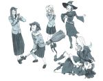  6+girls :d artist_request asakusa_midori belt black_legwear broom cellphone closed_eyes cosplay costume_switch eizouken_ni_wa_te_wo_dasu_na! eyewear_on_head freckles grin hair_over_one_eye hairband hands_up hat highres kagari_atsuko kanamori_sayaka kneehighs laughing little_witch_academia long_hair lotte_jansson lying mizusaki_tsubame monochrome multiple_girls on_back open_mouth phone pleated_skirt school_uniform short_hair sidelocks skirt smile source_request squatting sucy_manbavaran tears witch_hat 