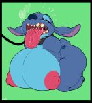  2017 alien anthro back_markings ber00 big_breasts black_border blue_body blue_fur bodily_fluids border breasts breath collar crossgender disney experiment_(lilo_and_stitch) female fur green_background head_tuft hi_res huge_breasts leash lilo_and_stitch markings nipples open_mouth panting saliva sharp_teeth simple_background smaller_version_at_source stitch_(lilo_and_stitch) teeth thick_thighs tongue tongue_out tuft 