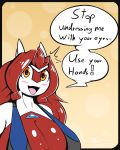  anthro big_breasts breasts cleavage clothed clothing dialogue fan_character female hair hi_res latias legendary_pok&eacute;mon lewdtias nintendo open_mouth pok&eacute;mon pok&eacute;mon_(species) pok&eacute;morph quin-nsfw red_hair simple_background smile solo speech_bubble video_games yellow_eyes 