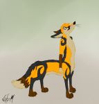  2012 ambiguous_gender black_body black_fur brown_body brown_fur brown_nose canid canid_taur canine canine_taur claws digitigrade dipstick_tail eyebrows fist fluffy fluffy_tail fox fox_taur fur grey_background looking_up mammal mammal_taur multicolored_body multicolored_fur multicolored_tail nude quadruped signature simple_background solo standing taur vixvulpes whiskers yellow_body yellow_fur 