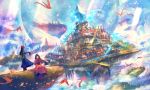  2girls ahoge bird black_hair brown_hair building city colorful commentary_request creature dress fantasy floating_hair floating_island highres long_dress long_hair multiple_girls original outdoors sakimori_(hououbds) scenery sitting standing sunlight very_wide_shot water wide_sleeves 