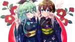  2020 2girls aqua_eyes artist_name bad_anatomy bad_hands black_kimono black_ribbon blue_eyes braid brown_hair floral_print green_hair hair_between_eyes hair_flaps hair_ribbon highres ittokyu japanese_clothes kantai_collection kimono long_hair long_sleeves multiple_girls obi open_mouth remodel_(kantai_collection) ribbon sash shigure_(kantai_collection) signature single_braid smile wide_sleeves yamakaze_(kantai_collection) 