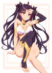  1girl arm_at_side arm_up armlet armpits bangs bare_shoulders bikini black_bow black_legwear blush bow breasts cleavage closed_mouth collarbone commentary detached_sleeves earrings eyebrows_visible_through_hair fate/grand_order fate_(series) hair_bow hand_on_forehead hoop_earrings invisible_chair ishtar_(fate)_(all) ishtar_(fate/grand_order) jewelry long_hair long_sleeves medium_breasts mmrailgun parted_bangs red_eyes single_detached_sleeve single_thighhigh sitting smile solo stirrup_legwear strapless strapless_bikini swimsuit thighhighs toeless_legwear two_side_up very_long_hair white_bikini 