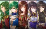  2girls 3boys altena_(fire_emblem) armor breastplate brown_eyes brown_hair ced_(fire_emblem) cloak earrings fingerless_gloves fire_emblem fire_emblem:_genealogy_of_the_holy_war gloves green_eyes green_hair hanasaki_komugi headband jewelry larcei_(fire_emblem) lewyn_(fire_emblem) long_hair looking_at_viewer multiple_boys multiple_girls pauldrons purple_eyes scarf shanna_(fire_emblem) short_hair smile sword weapon 