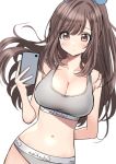  1girl bangs blue_bow blush bow breasts brown_eyes brown_hair calvin_klein cellphone cleavage deadnooodles eyebrows_visible_through_hair hair_bow highres idolmaster idolmaster_shiny_colors large_breasts long_hair phone ponytail reflection self_shot smartphone solo sportswear swept_bangs tsukioka_kogane 