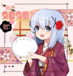  1girl 2020 :d angora_rabbit animal animal_ears bangs blue_eyes blue_hair blush bunny chinese_zodiac commentary_request eyebrows_visible_through_hair floral_background floral_print flower gochuumon_wa_usagi_desu_ka? hair_between_eyes hair_flower hair_ornament happy_new_year highres holding holding_animal houjichaoic japanese_clothes kafuu_chino kimono long_hair long_sleeves looking_at_viewer mouse_ears new_year obi open_clothes open_mouth print_kimono red_flower red_kimono sash smile tippy_(gochiusa) wide_sleeves x_hair_ornament year_of_the_rat 