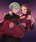  1boy 1girl arm_around_neck armor awan0918 brown_hair byleth_(fire_emblem) byleth_(fire_emblem)_(male) carrying dorothea_arnault dress english_commentary fire_emblem fire_emblem:_three_houses green_eyes green_hair heart heart_background highres older pantyhose princess_carry 
