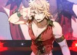  1boy blonde_hair choker gyuunyuu_(mashika) highres idol idol_clothes male_focus musical_touken_ranbu nansen_ichimonji open_mouth pants pectorals solo touken_ranbu yellow_eyes 