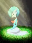  blue_hair eyes_closed female gardevoir grass hair hands_between_legs hi_res humanoid light maionetttte nintendo pok&eacute;mon pok&eacute;mon_(species) shiny_pok&eacute;mon side simple_background sitting solo video_games 