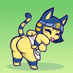  animal_crossing ankha_(animal_crossing) anthro big_breasts big_butt blue_hair blush blush_stickers breasts butt clothed clothing domestic_cat egyptian eyes_closed felid feline felis female fur hair looking_back mammal mooning nintendo nipples presenting presenting_hindquarters runeechan short_stack solo standing thick_thighs tongue tongue_out undressing video_games wide_hips yellow_body yellow_fur 