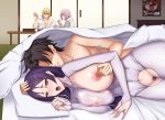  2boys 2girls areolae bangs black_hair blonde_hair bodysuit breast_grab breasts crotchless faceless faceless_male fate/grand_order fate_(series) fujimaru_ritsuka_(male) grabbing grabbing_from_behind groping highres huge_breasts indoors long_hair lying manna_(pixiv8805037) mash_kyrielight minamoto_no_raikou_(fate/grand_order) multiple_boys multiple_girls nipples on_side one_breast_out parted_bangs pubic_hair purple_bodysuit purple_eyes purple_hair sakata_kintoki_(fate/grand_order) shirt short_hair sitting sunglasses torn_bodysuit torn_clothes very_long_hair white_shirt 