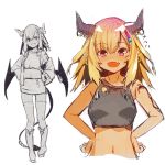  1girl :d bangs bare_arms bare_shoulders black_shirt blonde_hair blush boots collarbone commentary_request demon_girl demon_horns demon_tail demon_wings ear_piercing eyebrows_visible_through_hair fang hair_between_eyes hands_on_hips horn_piercing horns jacket knee_boots long_hair looking_at_viewer midriff multiple_views navel off_shoulder open_clothes open_jacket open_mouth original piercing purple_eyes shirt simple_background skirt sleeveless sleeveless_shirt smile standing tail thighhighs thighhighs_under_boots white_background wing_piercing wings yuuji_(yukimimi) 