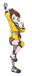  1girl absurdres alternate_hairstyle arm_up black_shorts closed_mouth full_body hair_bun highres holding holding_poke_ball jacket looking_at_viewer official_art outline poke_ball poke_ball_(generic) pokemon pokemon_(game) pokemon_swsh shoes shorts smile sneakers solo standing standing_on_one_leg transparent_background uniform white_footwear white_outline yellow_jacket yuuri_(pokemon) 