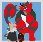  bottomless bracelet clothed clothing crouching eyes_closed hair hectoroar incineroar jewelry male mc_morrales nintendo pok&eacute;mon pok&eacute;mon_(species) ponytail rockruff ruck_the_rockruff smile star_symbol video_games 