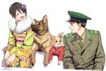  1boy 1girl :d blue_eyes brown_hair chikuwa_(yurucamp) closed_eyes dog formal hat horikou japanese_clothes kimono medal military military_hat military_uniform necktie new_year obi open_mouth peaked_cap purple_eyes russia saitou_ena sash short_hair sitting smile soviet_union uniform white_background yurucamp 