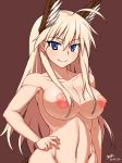  1girl ahoge blonde_hair blue_eyes breasts brown_background cleavage cowboy_shot eyebrows_visible_through_hair hand_on_hip hanna-justina_marseille head_wings highres large_breasts long_hair navel nipples nishiumi_yuuta nude smile strike_witches world_witches_series 
