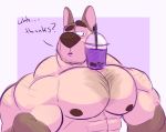  2019 abs anthro beverage biceps big_muscles black_nipples black_nose brown_body brown_fur bubble_tea canid canine canis clothed clothing domestic_dog ear_piercing eyebrows fur hands-free_bubble_tea huge_muscles lizard_soup male mammal meme multicolored_body multicolored_fur muscular muscular_male nipples pecs piercing simple_background solo tan_body tan_fur text thick_eyebrows topless triceps two_tone_body two_tone_fur 